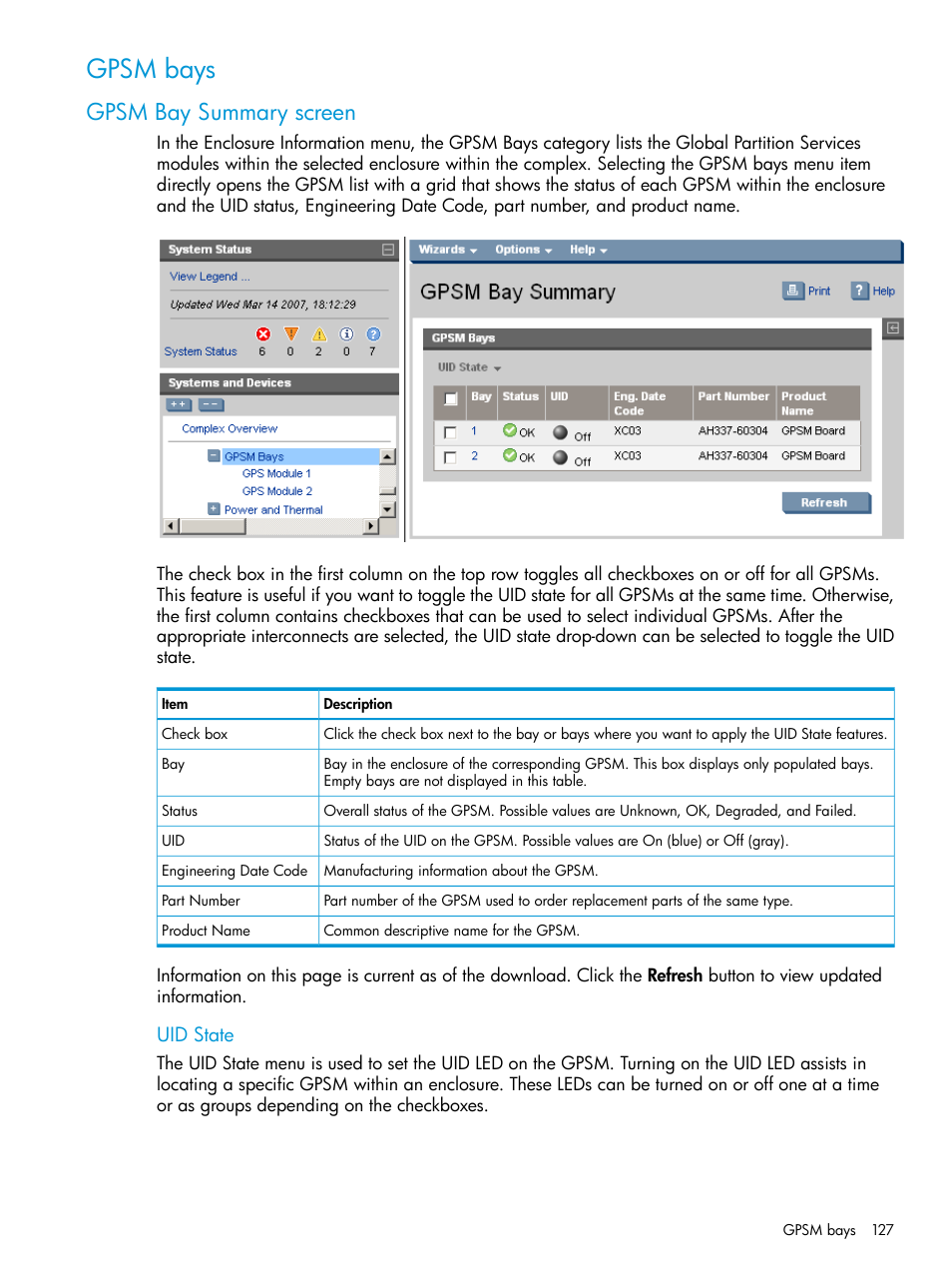 Gpsm bays, Gpsm bay summary screen, Uid state | HP Integrity Superdome 2 Server User Manual | Page 127 / 197