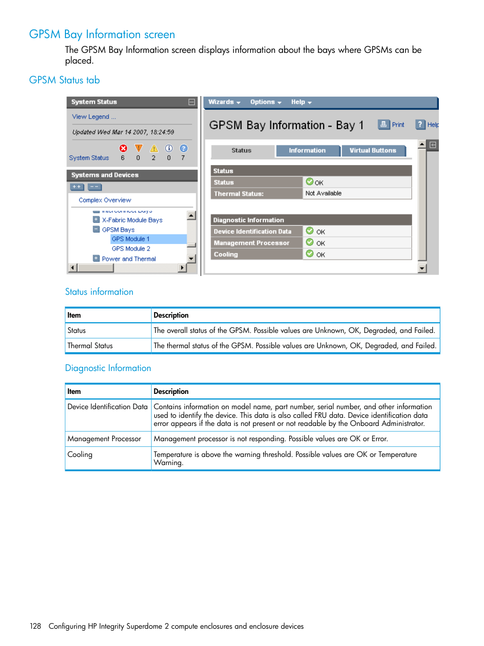 Gpsm bay information screen, Gpsm status tab | HP Integrity Superdome 2 Server User Manual | Page 128 / 197