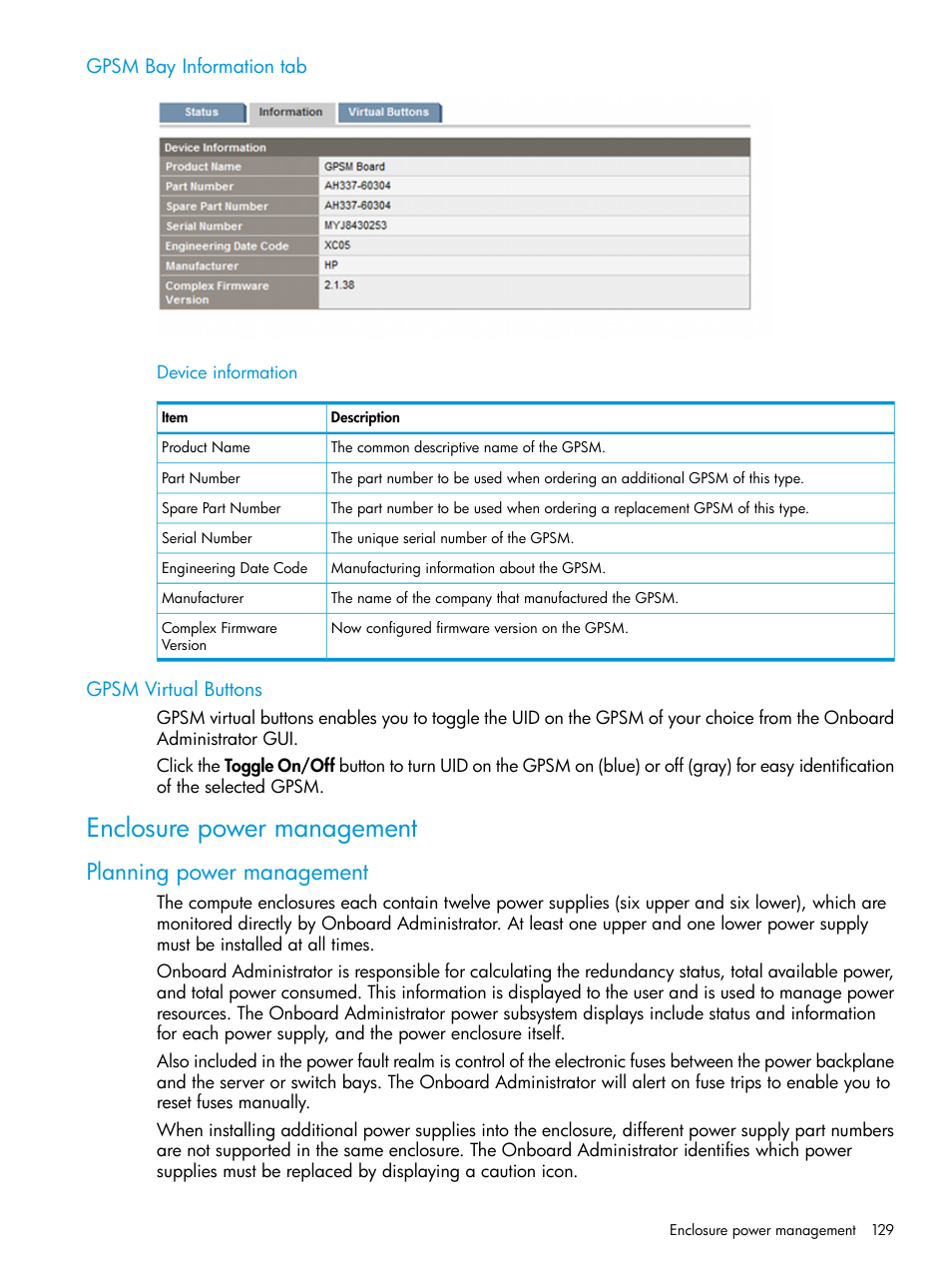 Gpsm bay information tab, Gpsm virtual buttons, Enclosure power management | Planning power management, Gpsm bay information tab gpsm virtual buttons | HP Integrity Superdome 2 Server User Manual | Page 129 / 197