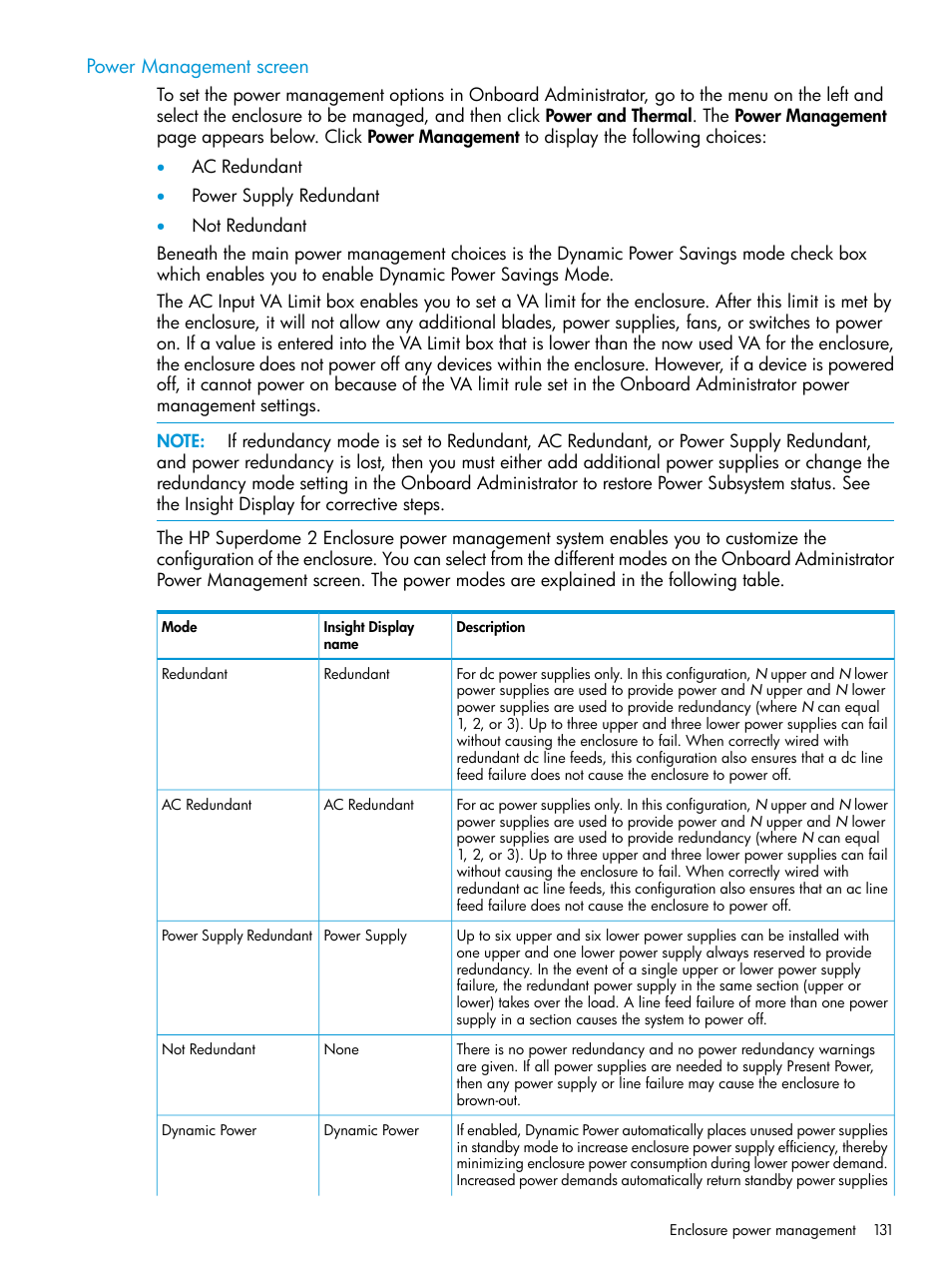 Power management screen | HP Integrity Superdome 2 Server User Manual | Page 131 / 197