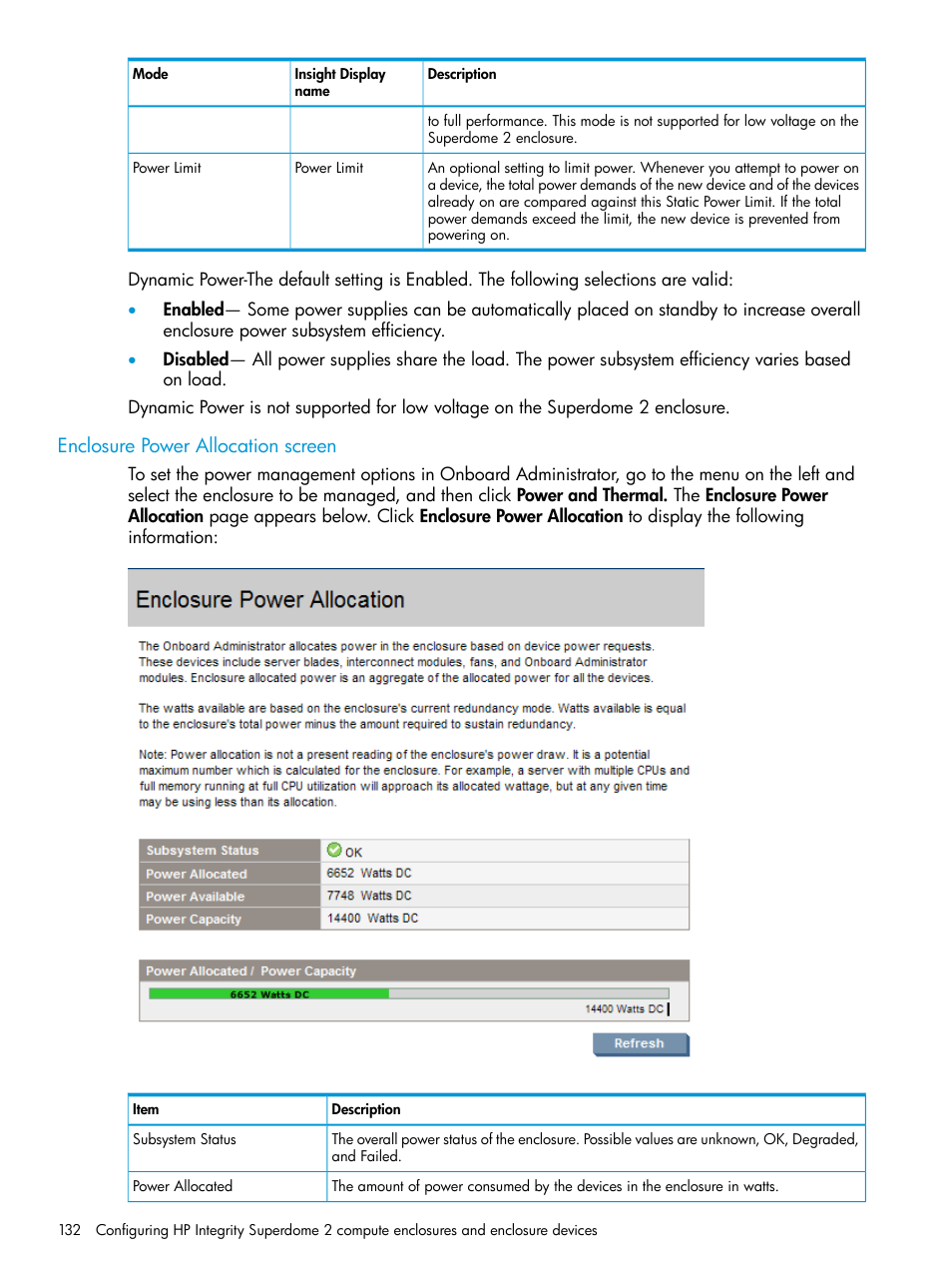 Enclosure power allocation screen | HP Integrity Superdome 2 Server User Manual | Page 132 / 197