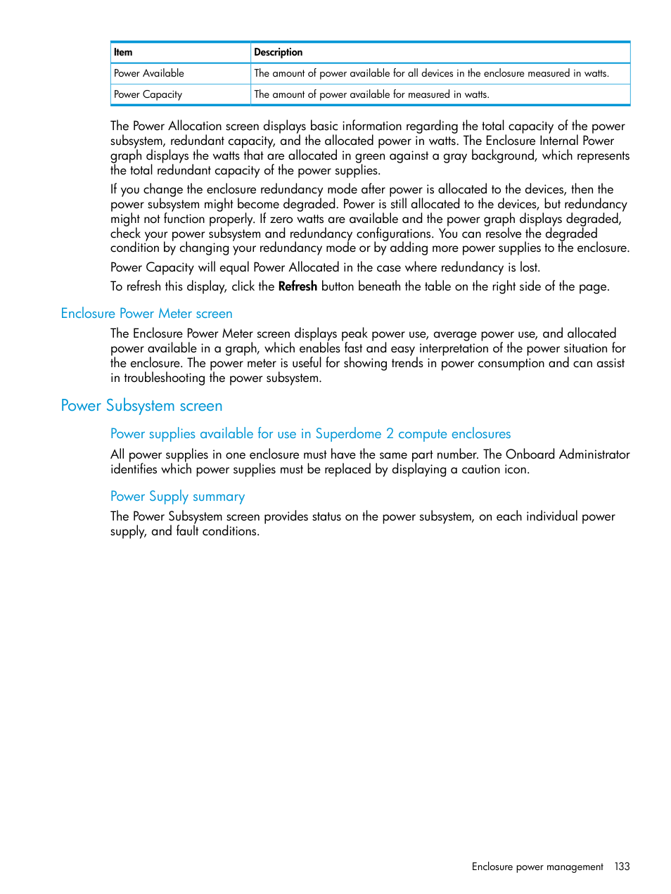 Enclosure power meter screen, Power subsystem screen | HP Integrity Superdome 2 Server User Manual | Page 133 / 197