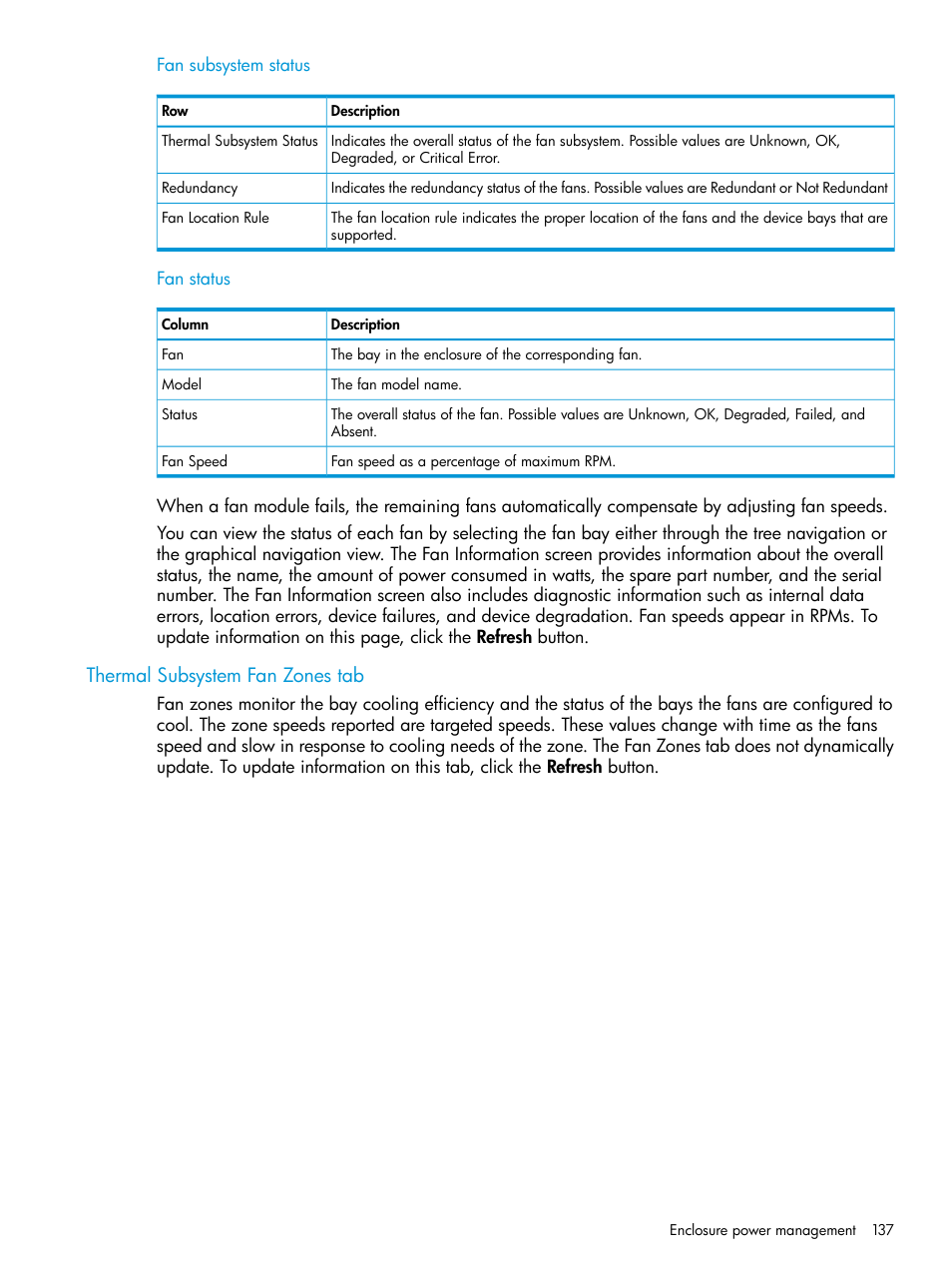 Thermal subsystem fan zones tab | HP Integrity Superdome 2 Server User Manual | Page 137 / 197