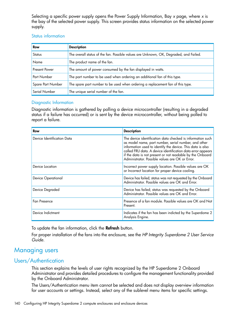 Managing users, Users/authentication | HP Integrity Superdome 2 Server User Manual | Page 140 / 197