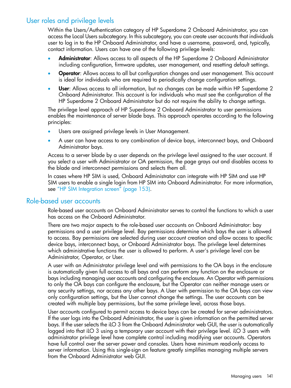 User roles and privilege levels, Role-based user accounts | HP Integrity Superdome 2 Server User Manual | Page 141 / 197