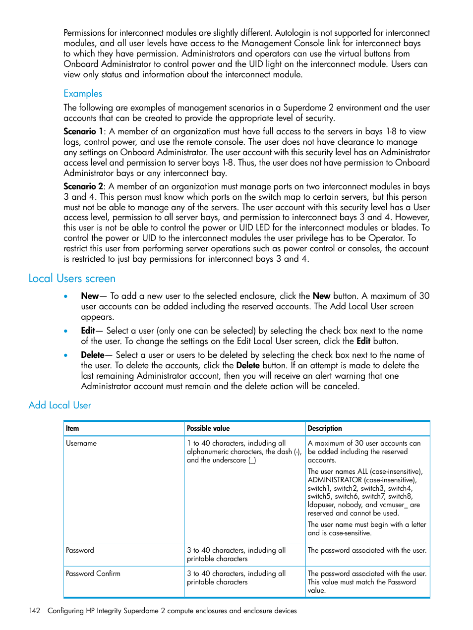 Local users screen, Add local user | HP Integrity Superdome 2 Server User Manual | Page 142 / 197