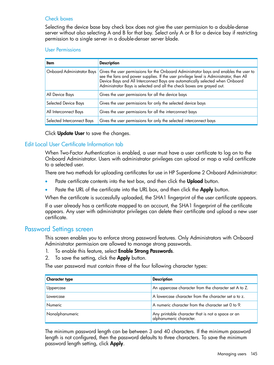 Edit local user certificate information tab, Password settings screen | HP Integrity Superdome 2 Server User Manual | Page 145 / 197