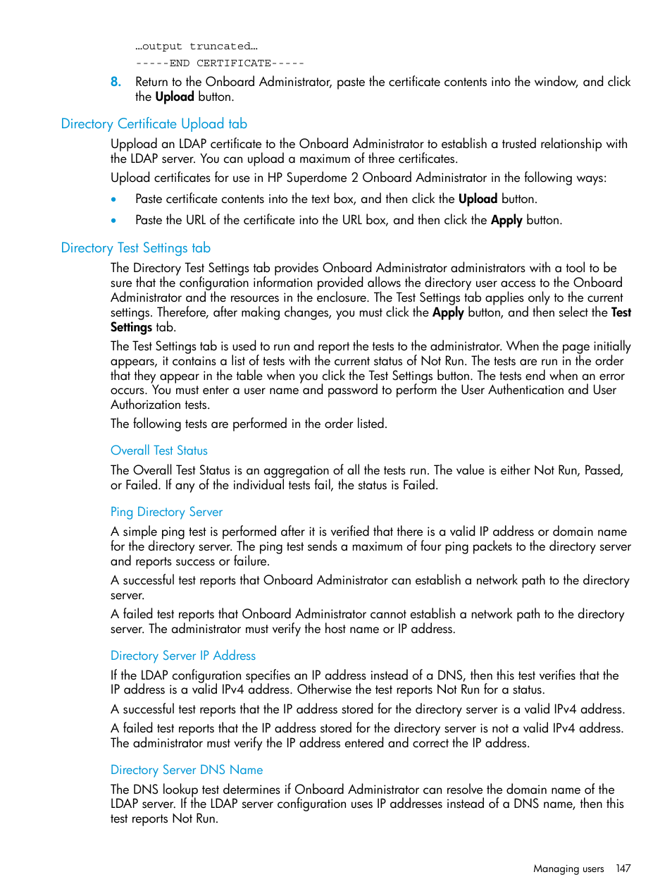 Directory certificate upload tab, Directory test settings tab | HP Integrity Superdome 2 Server User Manual | Page 147 / 197