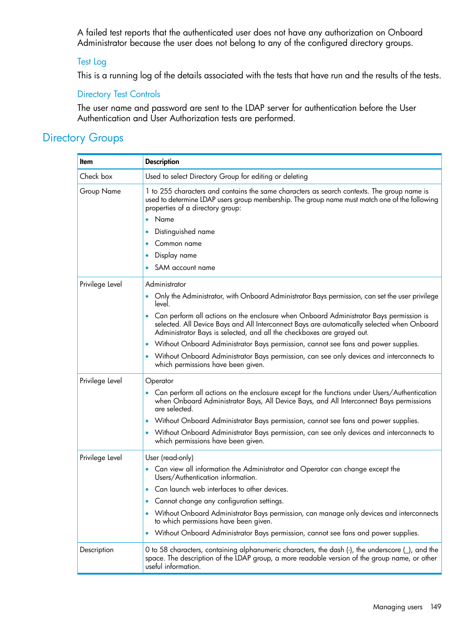 Directory groups | HP Integrity Superdome 2 Server User Manual | Page 149 / 197