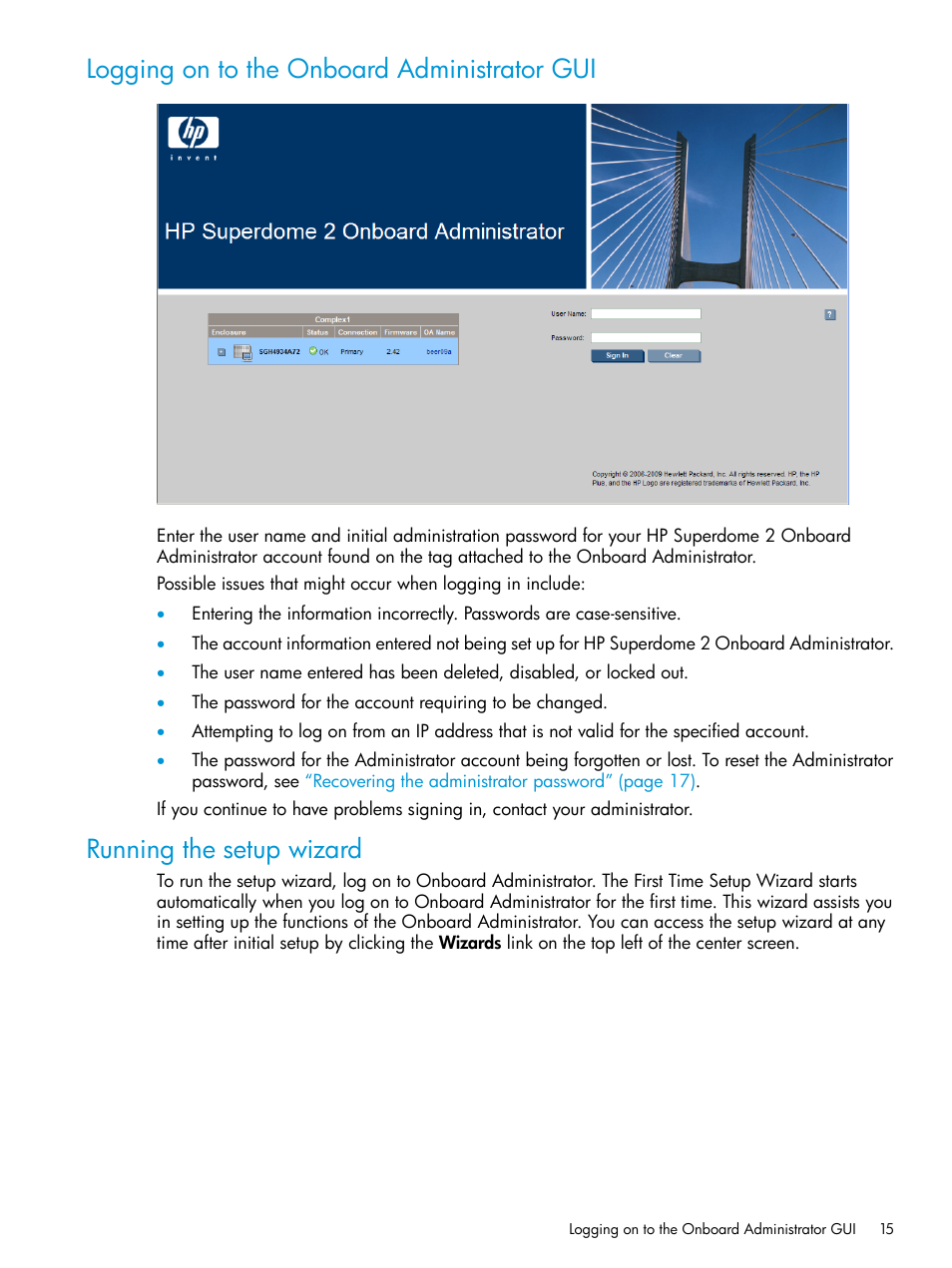 Logging on to the onboard administrator gui, Running the setup wizard | HP Integrity Superdome 2 Server User Manual | Page 15 / 197