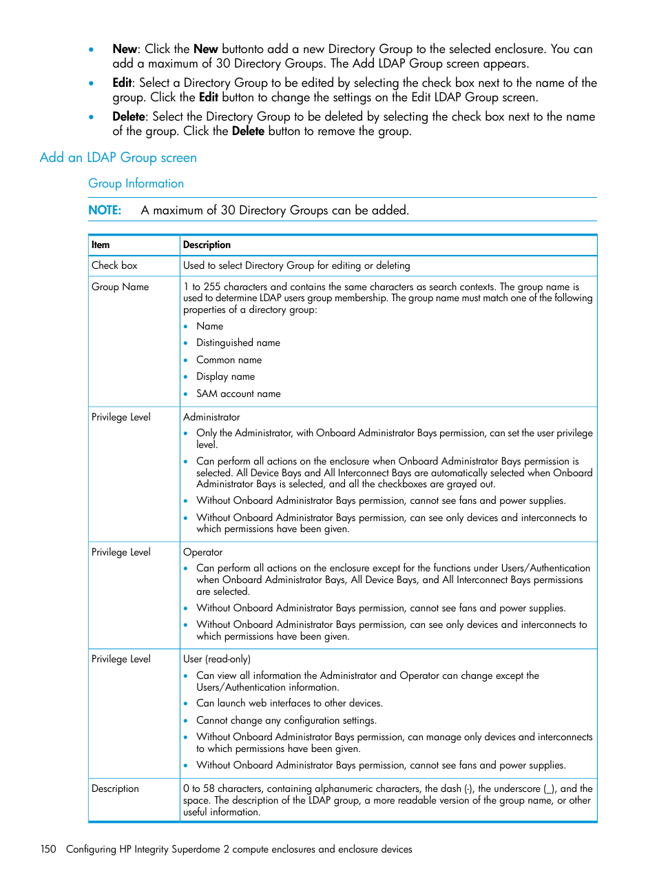 Add an ldap group screen | HP Integrity Superdome 2 Server User Manual | Page 150 / 197