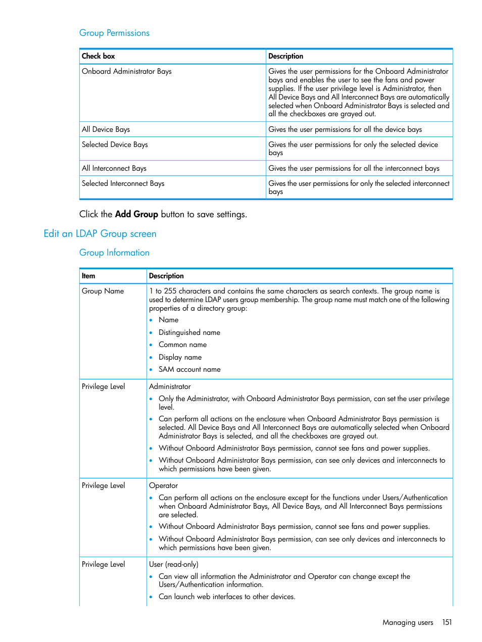 Edit an ldap group screen | HP Integrity Superdome 2 Server User Manual | Page 151 / 197