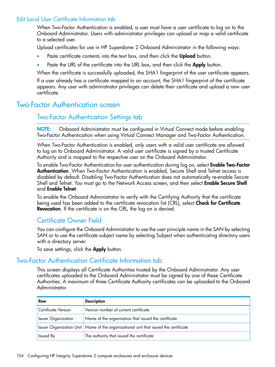 Edit local user certificate information tab, Two-factor authentication screen, Two-factor authentication settings tab | Certificate owner field | HP Integrity Superdome 2 Server User Manual | Page 154 / 197