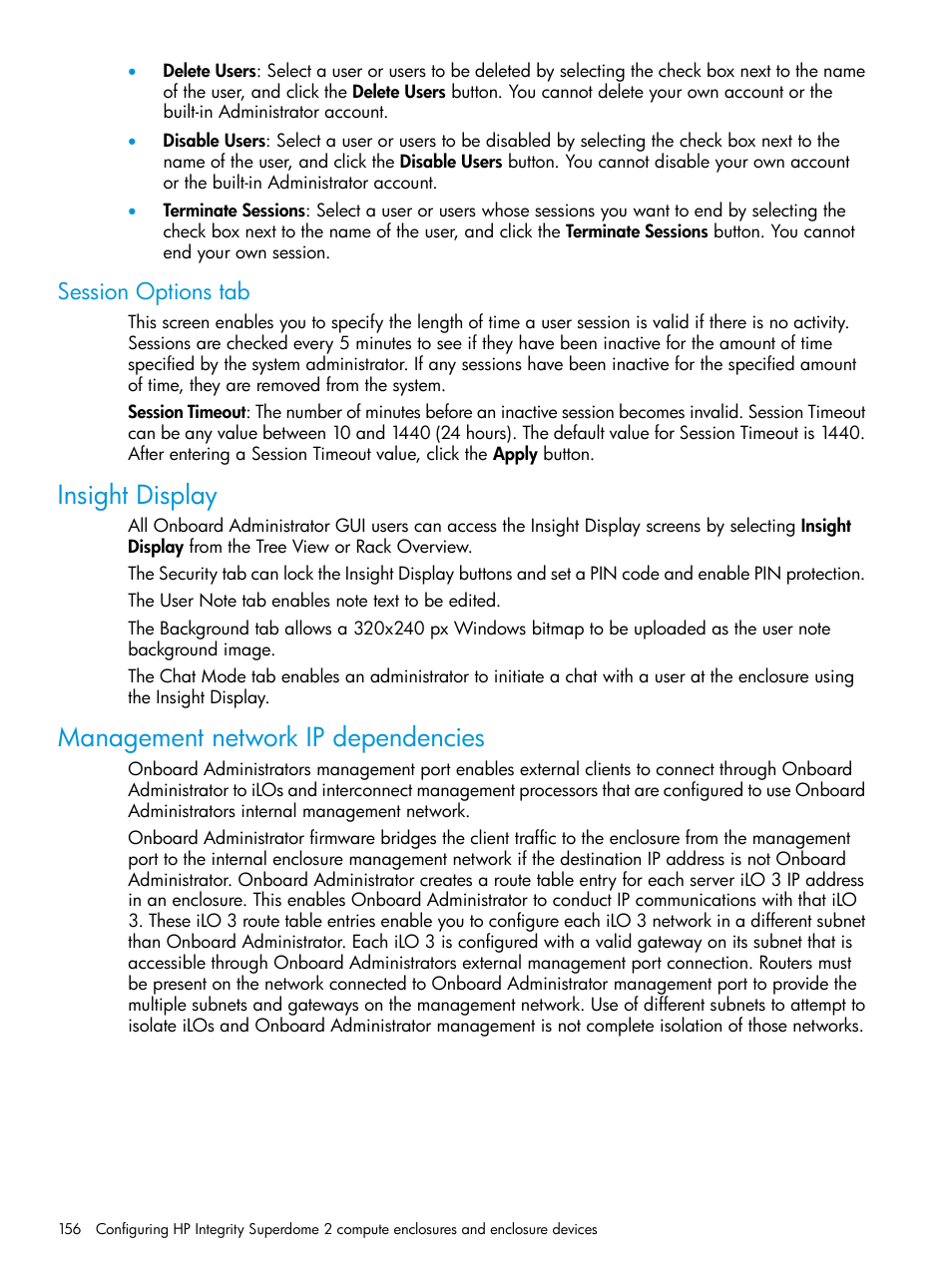 Session options tab, Insight display, Management network ip dependencies | Insight display management network ip dependencies | HP Integrity Superdome 2 Server User Manual | Page 156 / 197