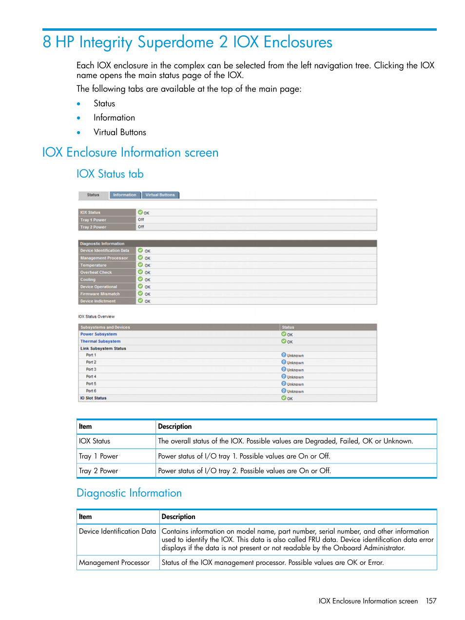 8 hp integrity superdome 2 iox enclosures, Iox enclosure information screen, Iox status tab | Diagnostic information | HP Integrity Superdome 2 Server User Manual | Page 157 / 197