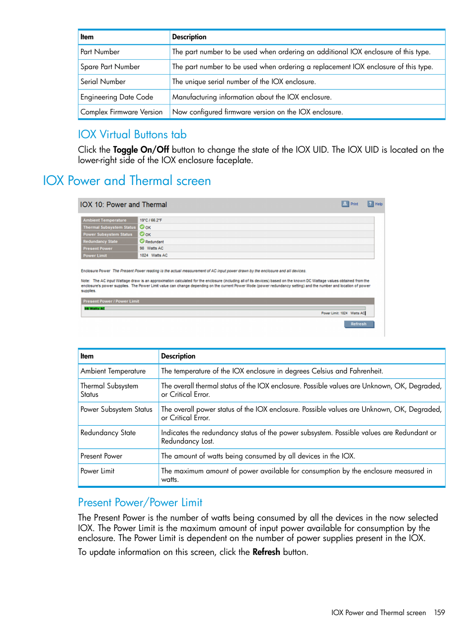 Iox power and thermal screen, Iox virtual buttons tab, Present power/power limit | HP Integrity Superdome 2 Server User Manual | Page 159 / 197