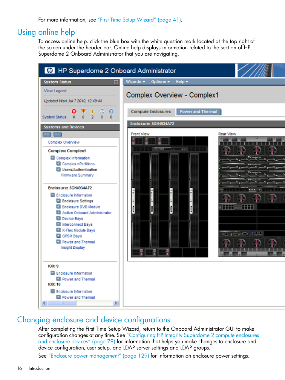 Using online help, Changing enclosure and device configurations | HP Integrity Superdome 2 Server User Manual | Page 16 / 197