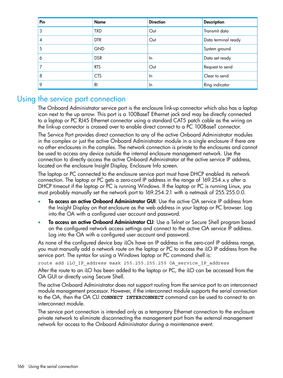 Using the service port connection | HP Integrity Superdome 2 Server User Manual | Page 166 / 197