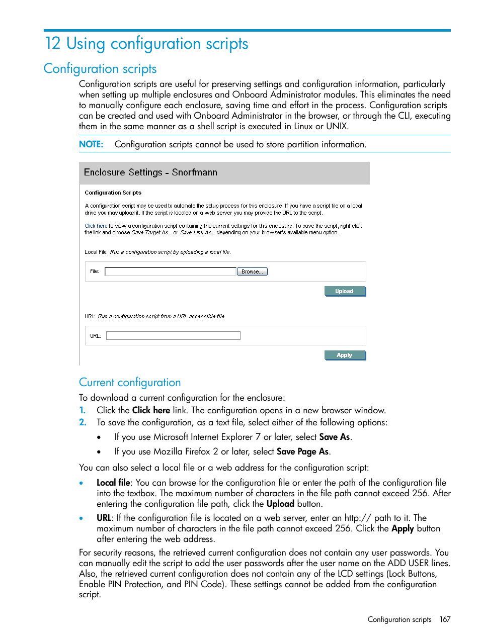 12 using configuration scripts, Configuration scripts, Current configuration | HP Integrity Superdome 2 Server User Manual | Page 167 / 197