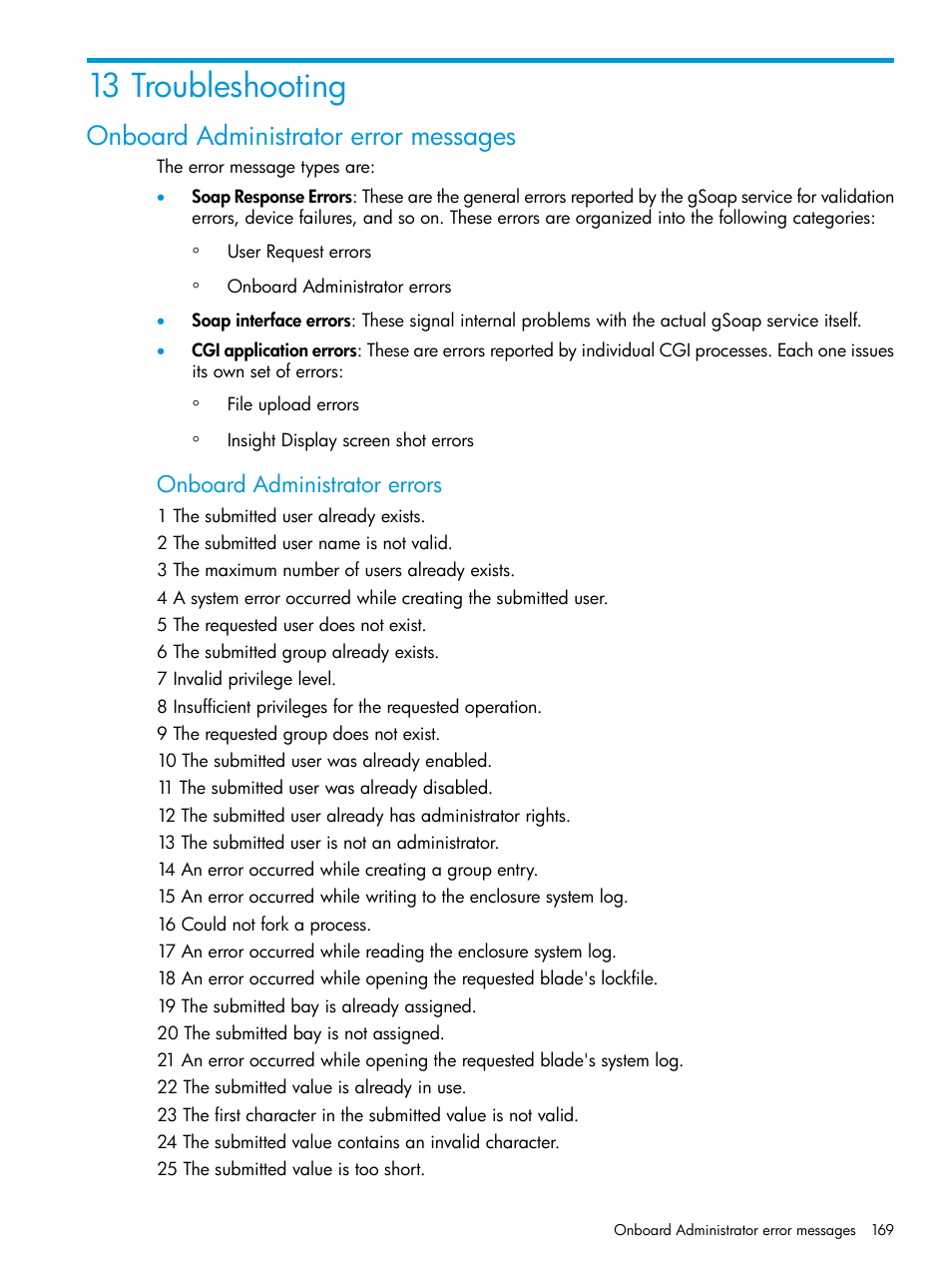 13 troubleshooting, Onboard administrator error messages, Onboard administrator errors | HP Integrity Superdome 2 Server User Manual | Page 169 / 197