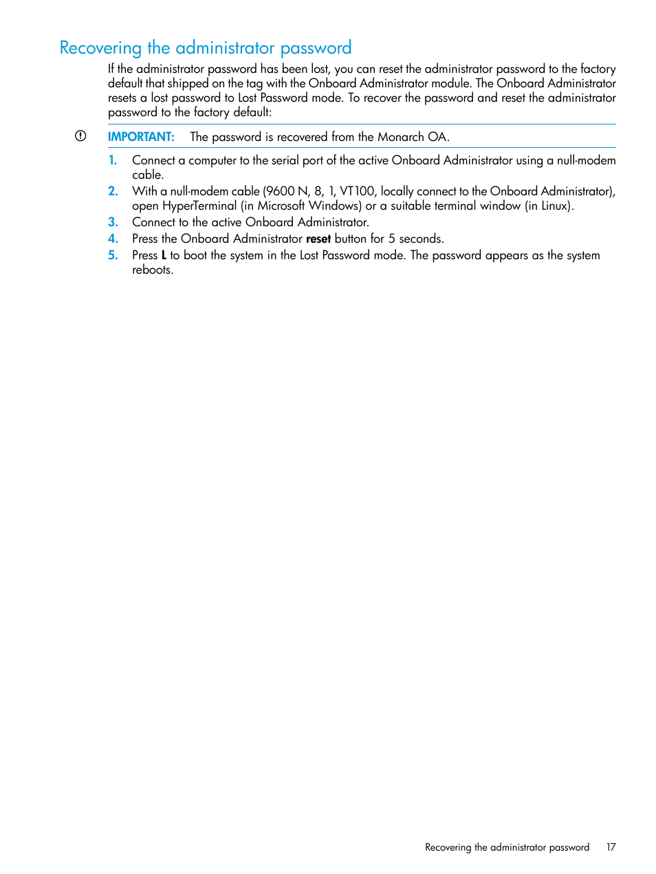 Recovering the administrator password | HP Integrity Superdome 2 Server User Manual | Page 17 / 197