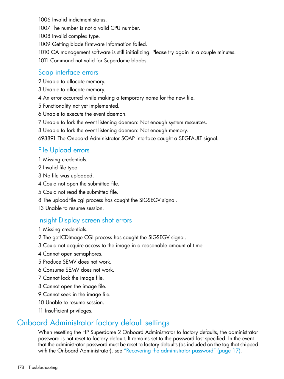 Onboard administrator factory default settings, Soap interface errors, File upload errors | Insight display screen shot errors | HP Integrity Superdome 2 Server User Manual | Page 178 / 197