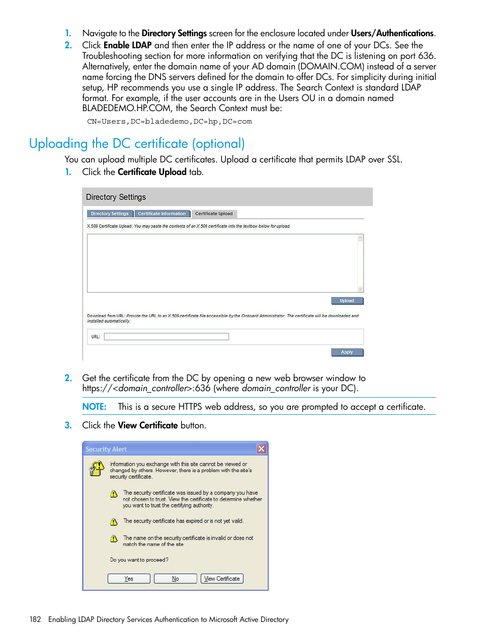 Uploading the dc certificate (optional) | HP Integrity Superdome 2 Server User Manual | Page 182 / 197