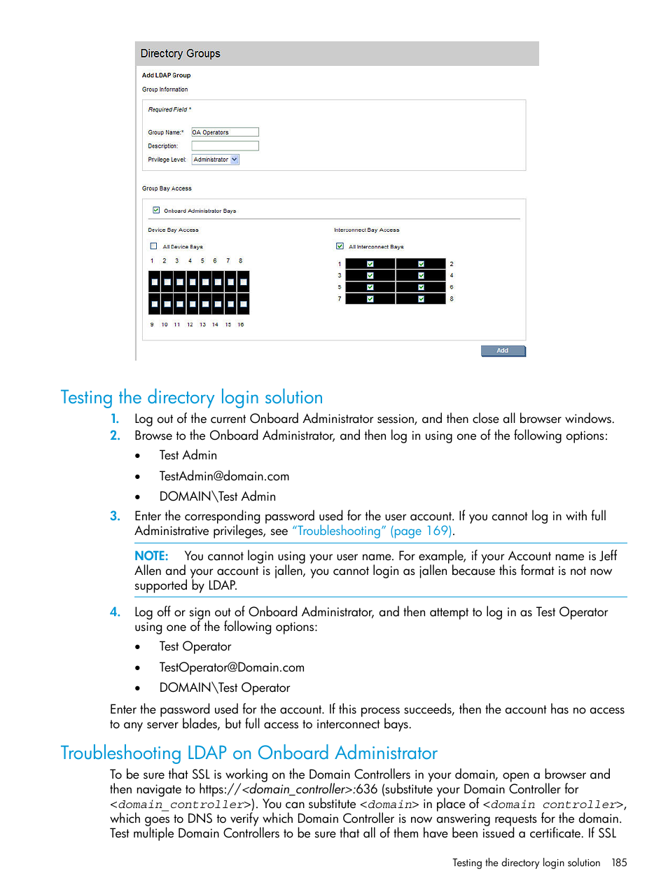 Testing the directory login solution, Troubleshooting ldap on onboard administrator | HP Integrity Superdome 2 Server User Manual | Page 185 / 197