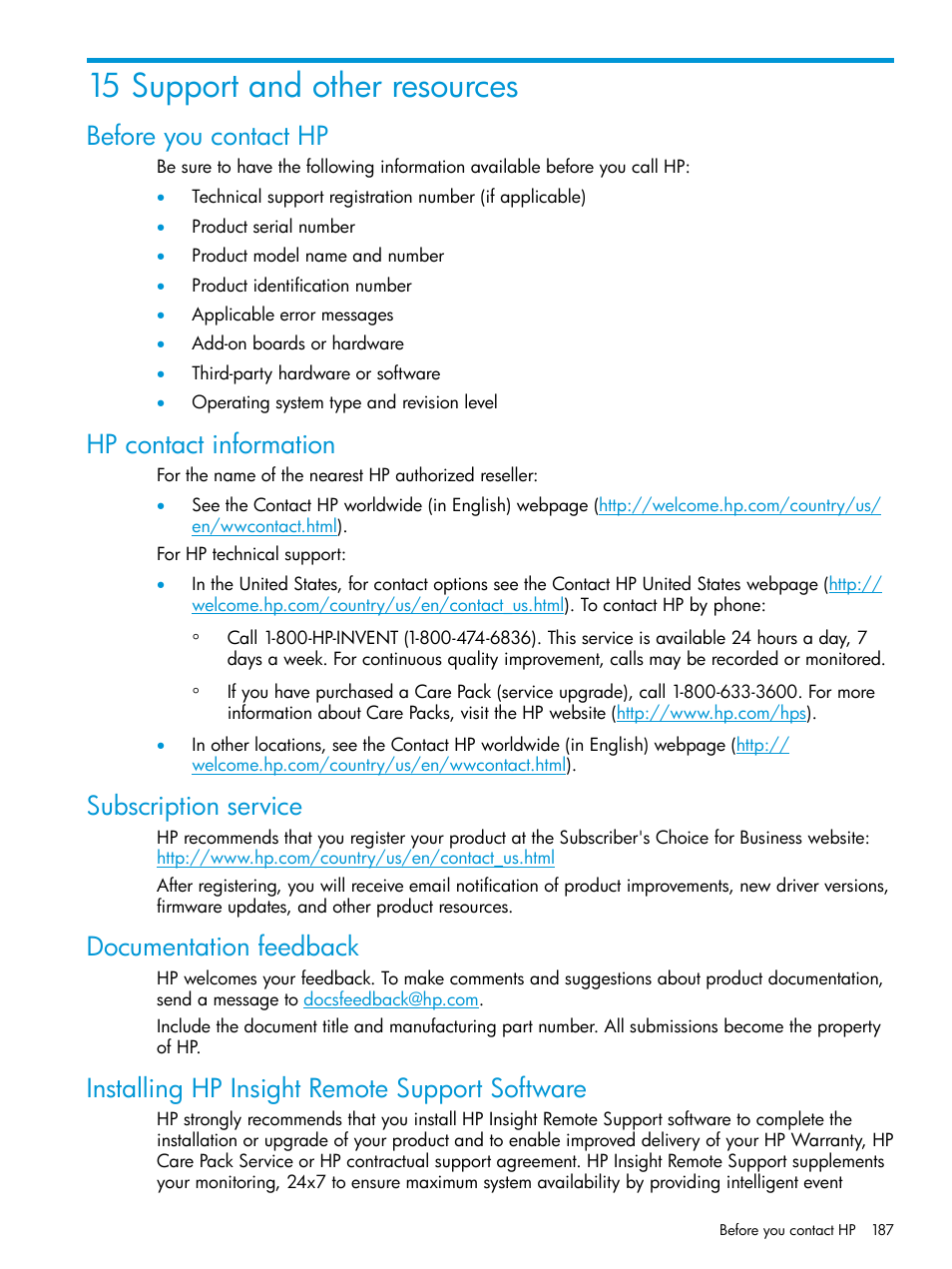 15 support and other resources, Before you contact hp, Hp contact information | Subscription service, Documentation feedback, Installing hp insight remote support software | HP Integrity Superdome 2 Server User Manual | Page 187 / 197