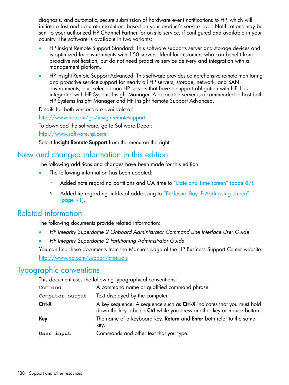 New and changed information in this edition, Related information, Typographic conventions | HP Integrity Superdome 2 Server User Manual | Page 188 / 197