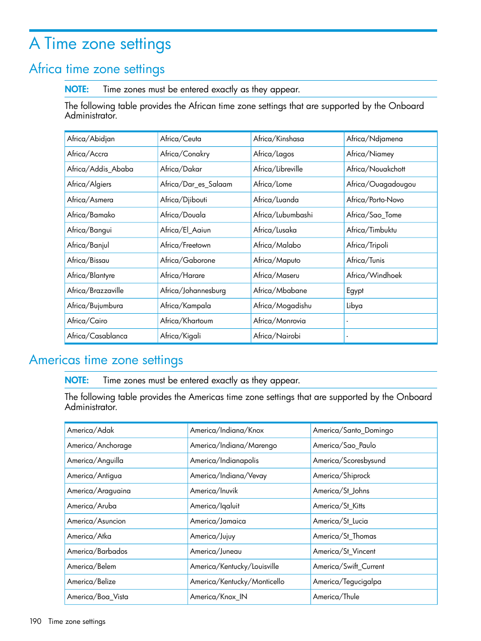 A time zone settings, Africa time zone settings, Americas time zone settings | HP Integrity Superdome 2 Server User Manual | Page 190 / 197