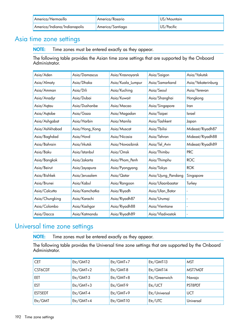 Asia time zone settings, Universal time zone settings | HP Integrity Superdome 2 Server User Manual | Page 192 / 197