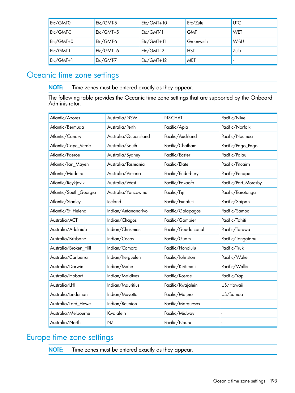 Oceanic time zone settings, Europe time zone settings | HP Integrity Superdome 2 Server User Manual | Page 193 / 197