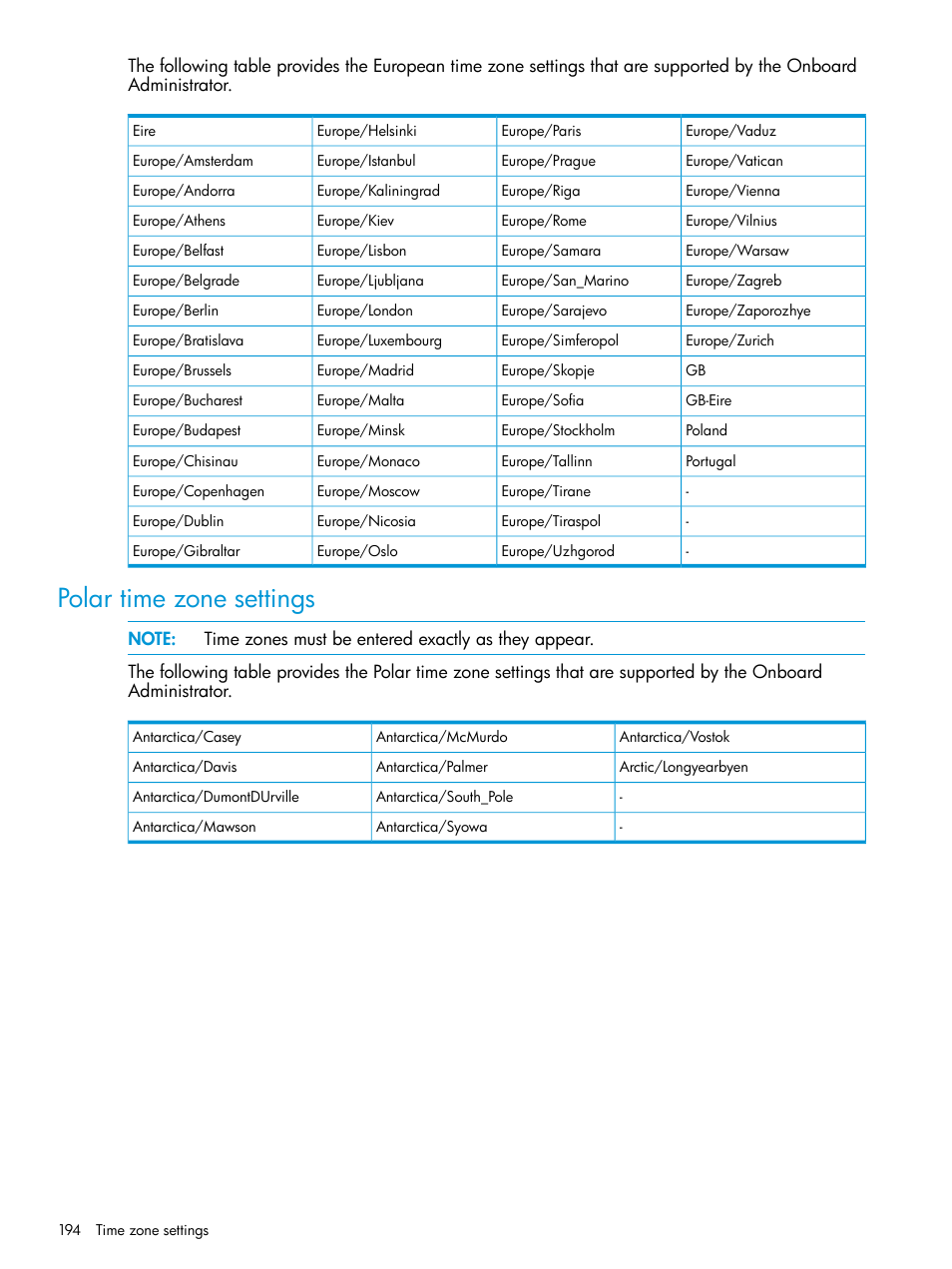 Polar time zone settings | HP Integrity Superdome 2 Server User Manual | Page 194 / 197