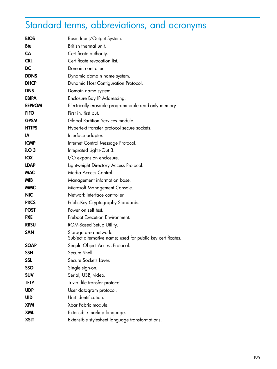 Standard terms, abbreviations, and acronyms | HP Integrity Superdome 2 Server User Manual | Page 195 / 197