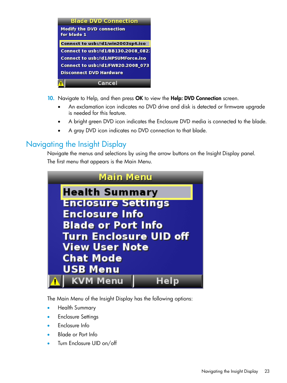 Navigating the insight display | HP Integrity Superdome 2 Server User Manual | Page 23 / 197