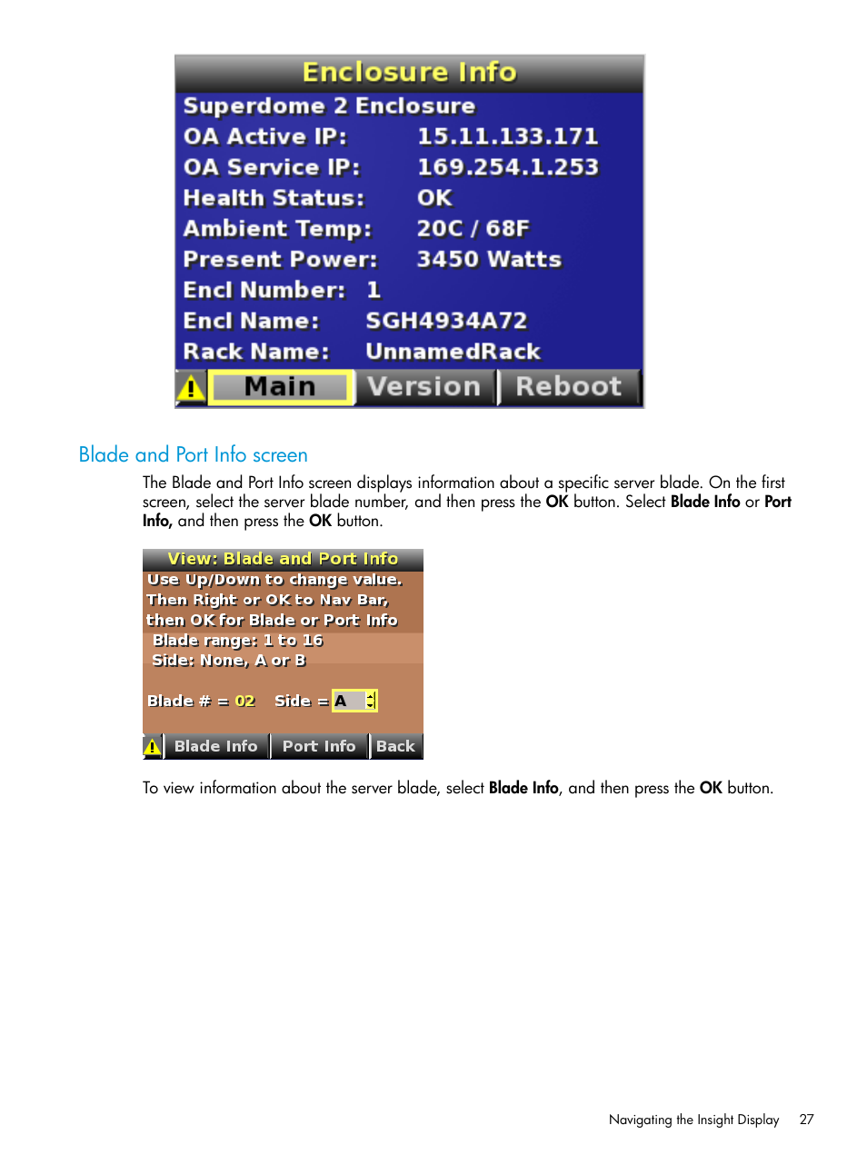 Blade and port info screen | HP Integrity Superdome 2 Server User Manual | Page 27 / 197