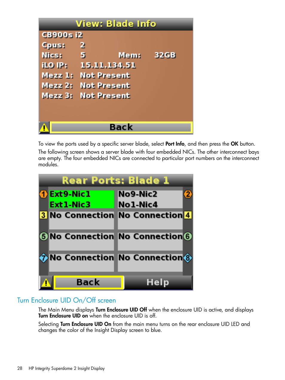 Turn enclosure uid on/off screen | HP Integrity Superdome 2 Server User Manual | Page 28 / 197