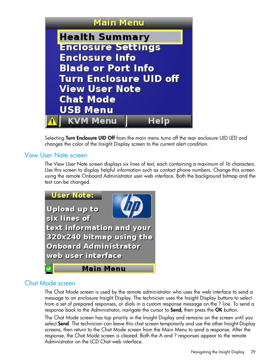 View user note screen, Chat mode screen, View user note screen chat mode screen | HP Integrity Superdome 2 Server User Manual | Page 29 / 197