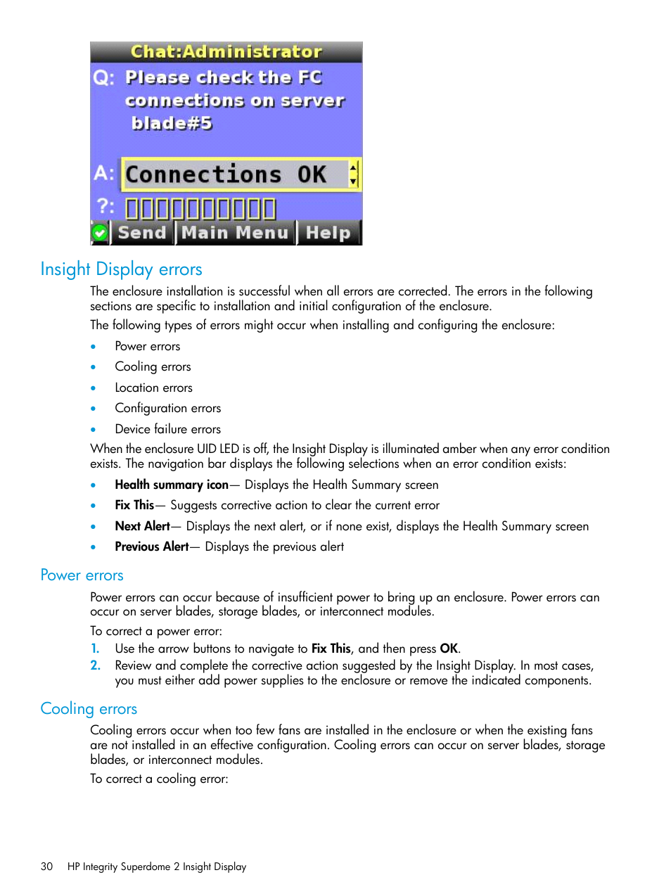 Insight display errors, Power errors, Cooling errors | Power errors cooling errors | HP Integrity Superdome 2 Server User Manual | Page 30 / 197