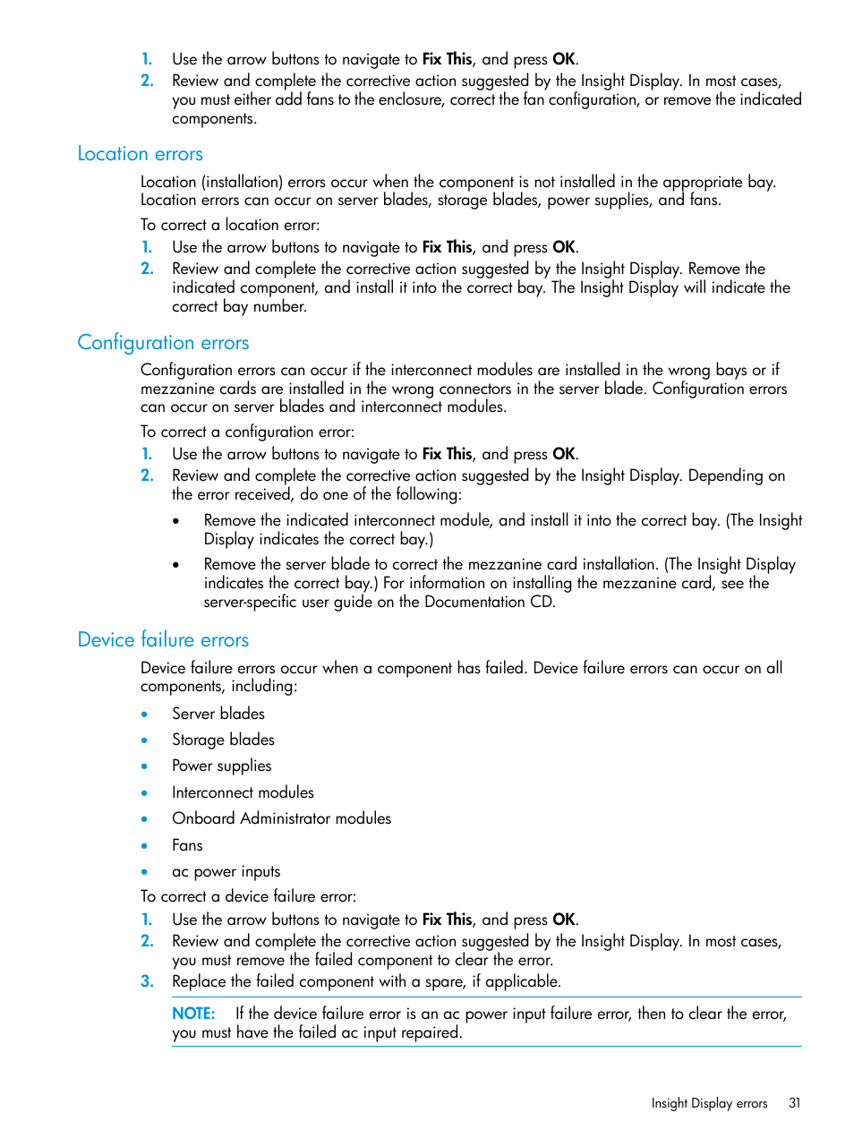 Location errors, Configuration errors, Device failure errors | HP Integrity Superdome 2 Server User Manual | Page 31 / 197