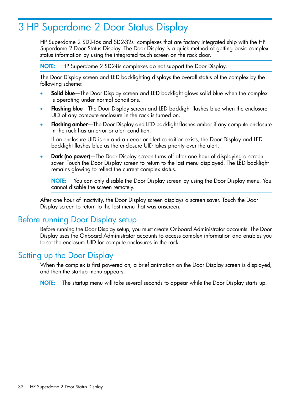 3 hp superdome 2 door status display, Before running door display setup, Setting up the door display | HP Integrity Superdome 2 Server User Manual | Page 32 / 197