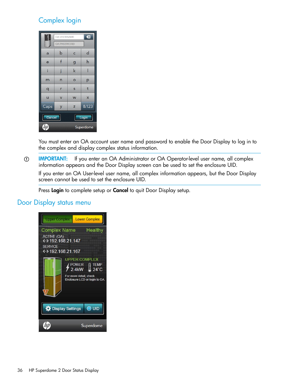 Door display status menu, Complex login | HP Integrity Superdome 2 Server User Manual | Page 36 / 197