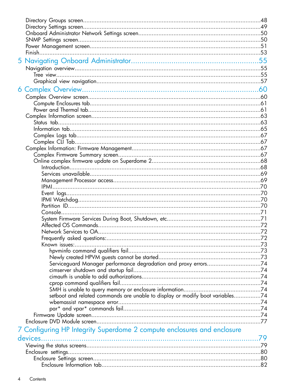 5 navigating onboard administrator, 6 complex overview | HP Integrity Superdome 2 Server User Manual | Page 4 / 197