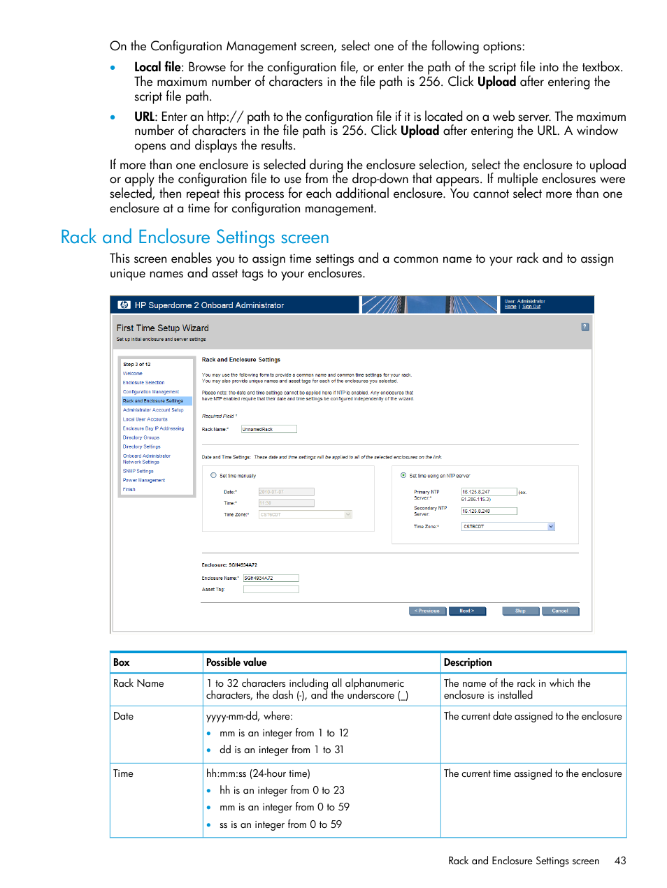 Rack and enclosure settings screen | HP Integrity Superdome 2 Server User Manual | Page 43 / 197