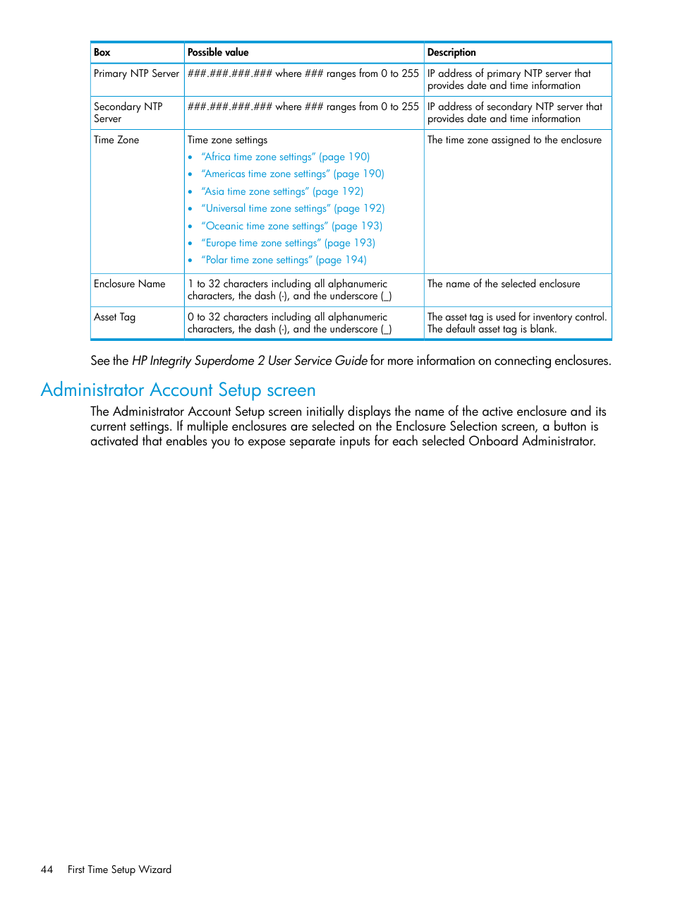 Administrator account setup screen | HP Integrity Superdome 2 Server User Manual | Page 44 / 197