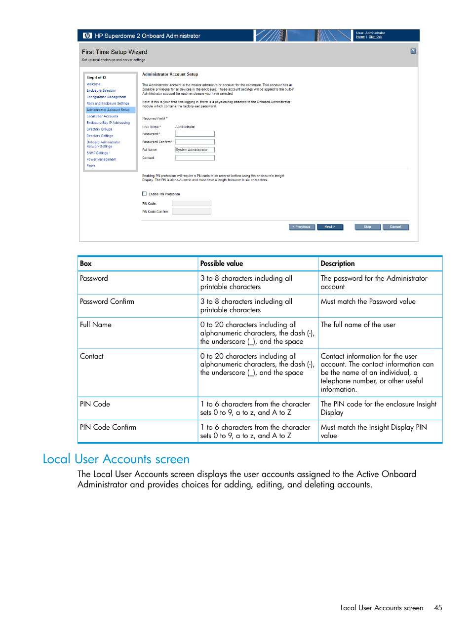 Local user accounts screen | HP Integrity Superdome 2 Server User Manual | Page 45 / 197