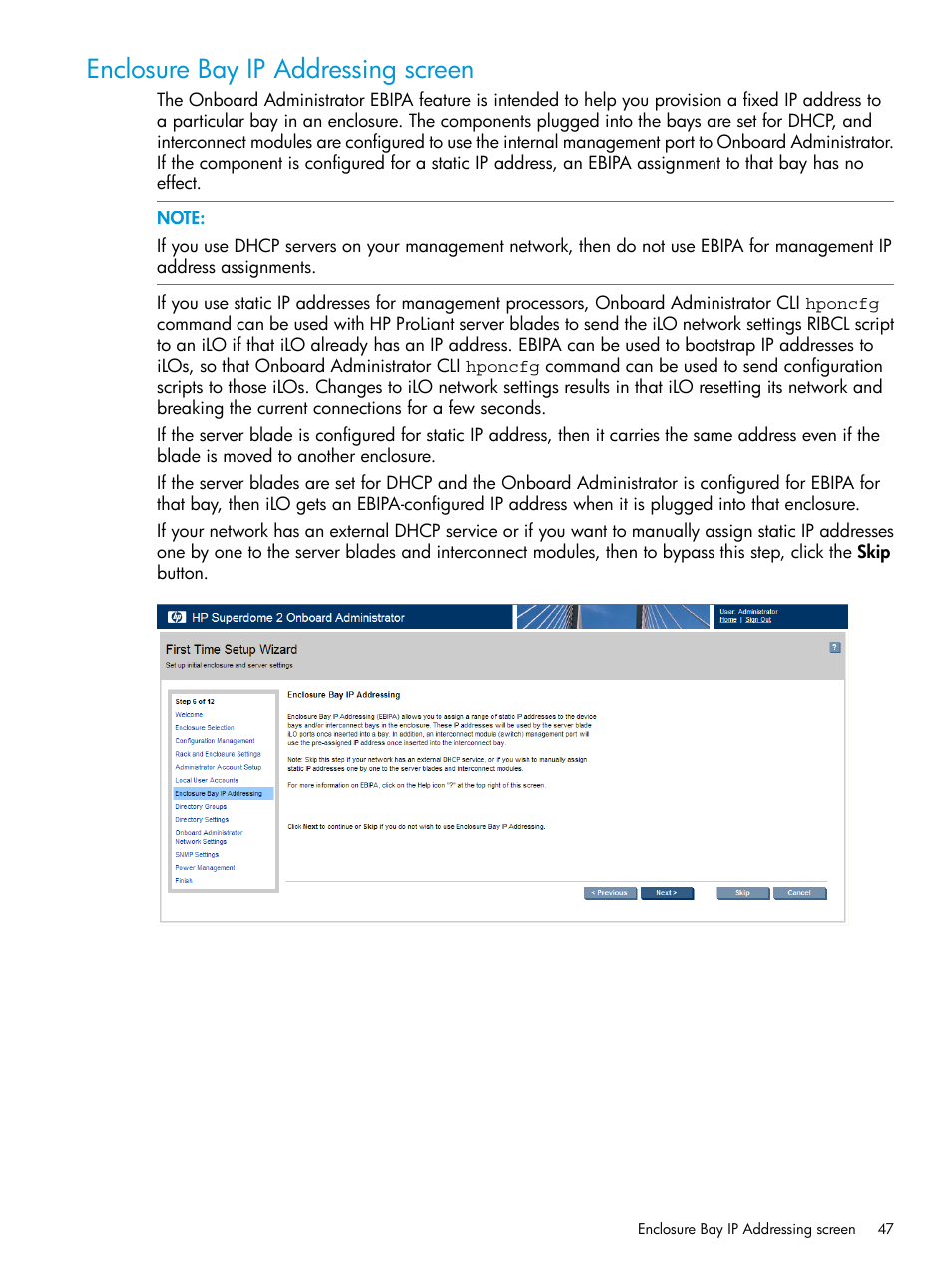 Enclosure bay ip addressing screen | HP Integrity Superdome 2 Server User Manual | Page 47 / 197