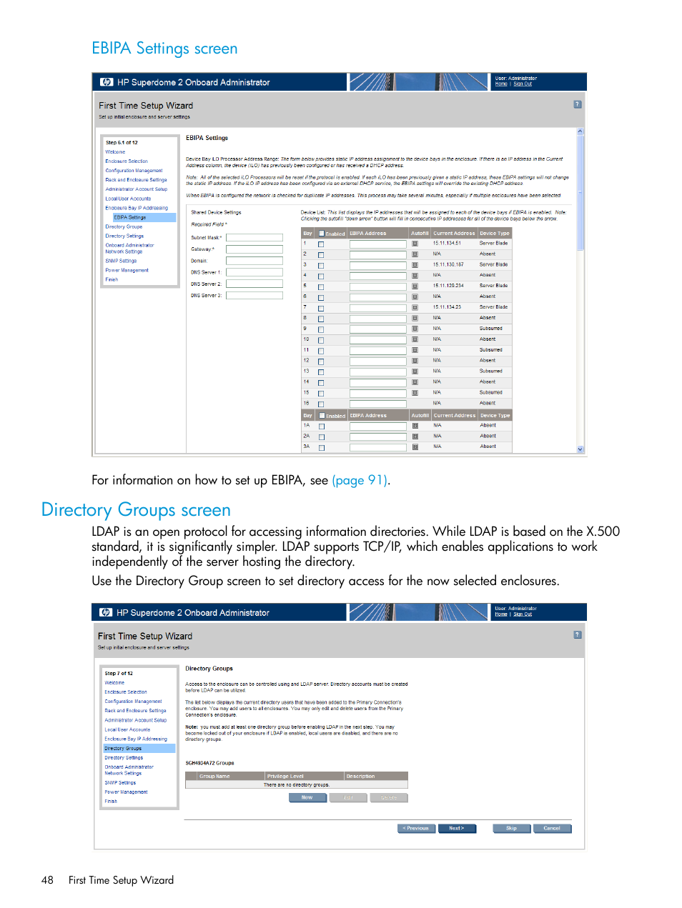 Directory groups screen, Ebipa settings screen | HP Integrity Superdome 2 Server User Manual | Page 48 / 197