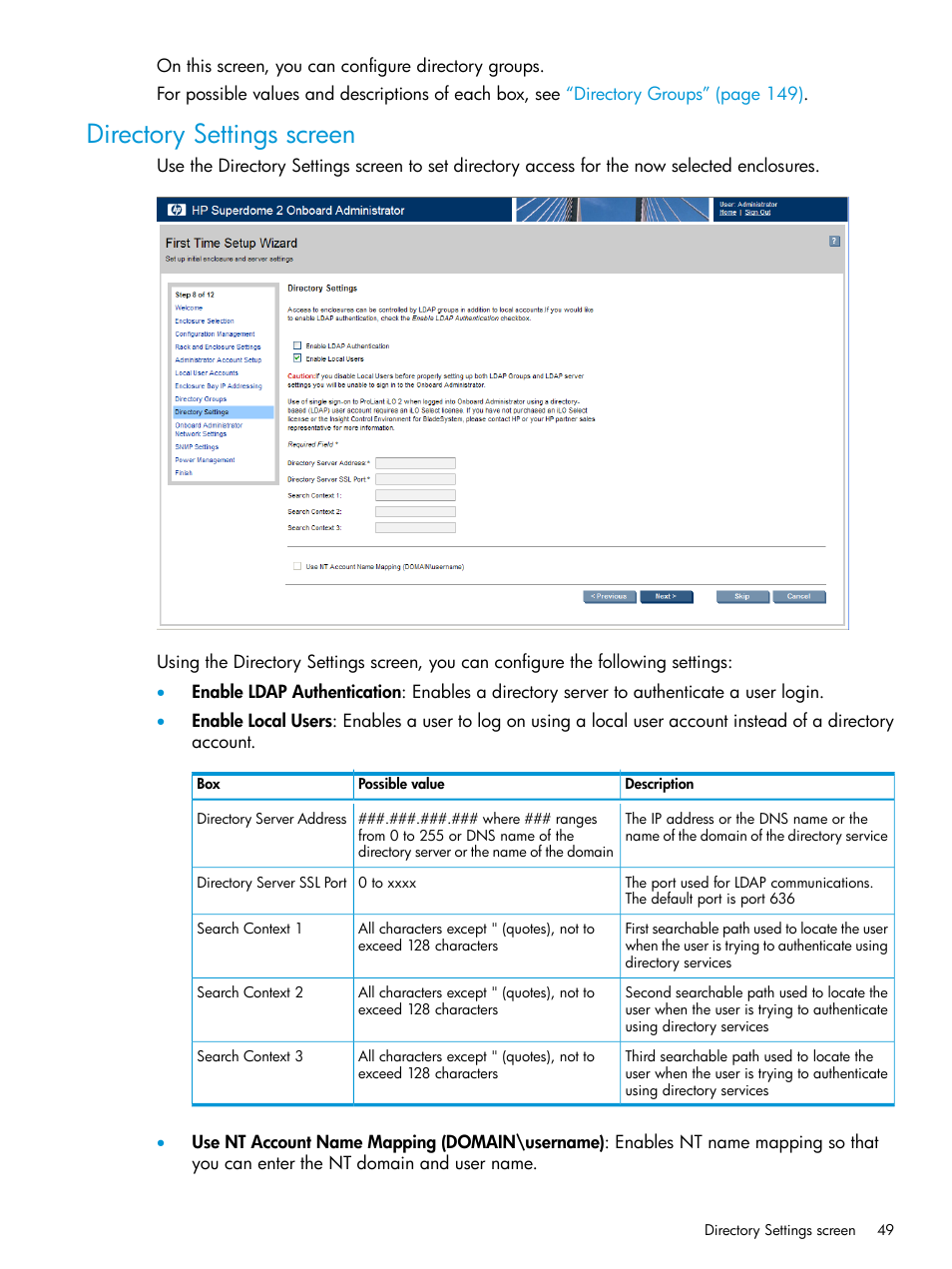 Directory settings screen | HP Integrity Superdome 2 Server User Manual | Page 49 / 197